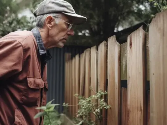 A fencing expert inspecting a broken timber fence in Wagga Wagga